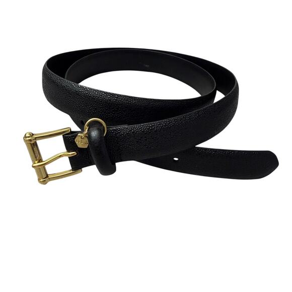 Lauren Ralph Lauren Leather Belt Womens Large Black Goldtone Buckle Pebble Charm - Picture 1 of 9